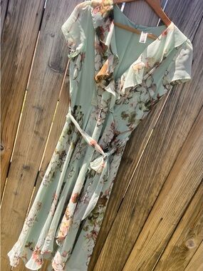 Julian Taylor Sage Green Floral Wrap Midi Dress